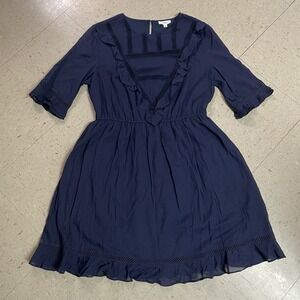 NWT $149 A LOVES A Sz L Navy Blue Cotton Ruffle Crochet Trim Elastic Waist Dress